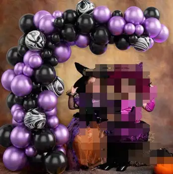 Набор Гирлянд из черных и фиолетовых латексных шариков на тематическую вечеринку в честь Хэллоуина с неправильной цветочной аркой