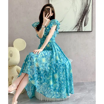 летнее дизайнерское платье миди с пуговицами и оборками chiclady синего цвета со звездным рисунком, модное женское платье в стиле бохо, новинка в магазине