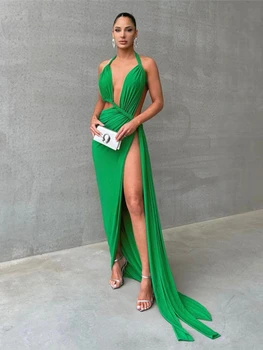 Элегантные Зеленые Длинные Вечерние платья Для женщин 2023, Сексуальное Макси-платье с разрезом на бретельках, наряды для свадебных гостей, праздничные наряды