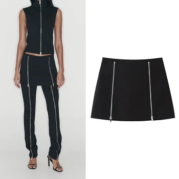 Женские брюки-кюлоты на молнии, весенне-летняя модная мини-юбка с двойной отделкой на молнии, однотонные черные брюки для уличной одежды