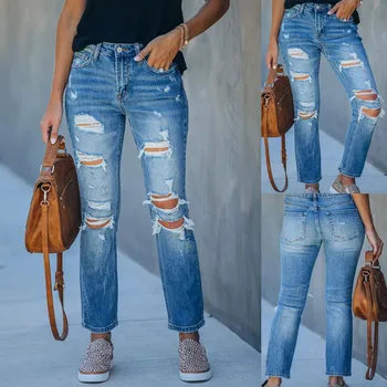 2023 Новые джинсы, модные женские шаровары с рваными отверстиями, брюки с прямыми штанинами, узкие джинсы в обтяжку джинсы женский 청바지