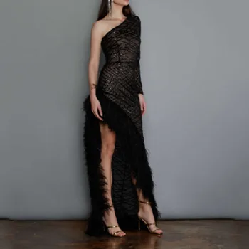 Элегантное модное вечернее платье с сеткой и перьями на одно плечо с длинным рукавом, Весна-лето, сексуальное вечернее платье с корсетом для женщин 2023 года.