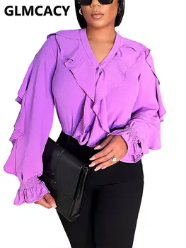 Женская Стильная рубашка-блузка с V-образным вырезом и оборками с расклешенными рукавами