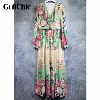 9.7 GuliChic Женское элегантное темпераментное платье с разноцветным цветочным принтом, V-образным вырезом, оборками, высокой талией и поясом