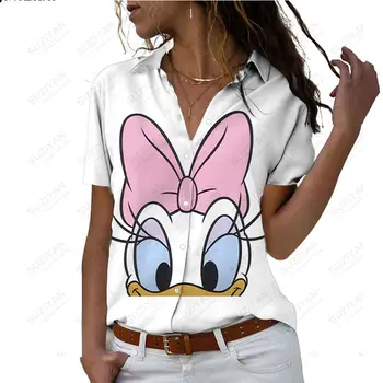 Повседневная рубашка с героями мультфильмов Disney, женская модная повседневная уличная рубашка, топ, женская рубашка поло Disney с коротким рукавом
