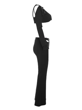 Женская одежда из 2 предметов, укороченные топы с V-образным вырезом и длинными рукавами и расклешенные брюки, уличная эстетичная одежда