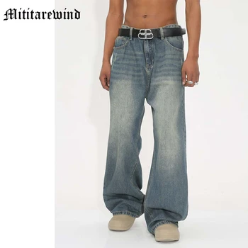 Новые мужские джинсы Свободные Прямые потертые Винтажные Ретро повседневные джинсовые брюки полной длины Широкие Универсальные простые синие брюки